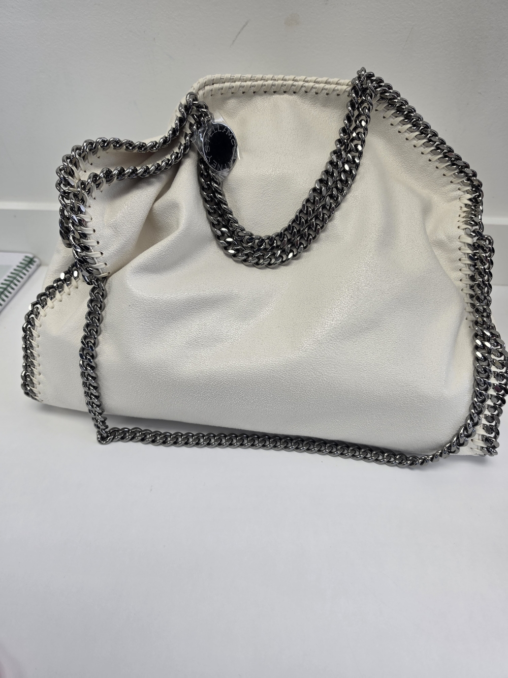 Stella McCartney Cream Fold-Over Shoulder Bag with Gunmetal Chain